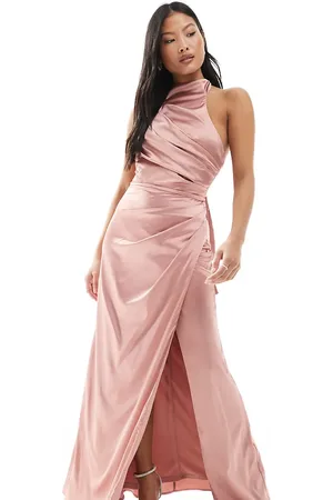 TFNC Bridesmaid satin high neck maxi dress with bow back in dusky