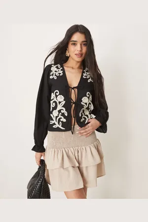 VILA Contrast floral embroidered tie front blouse in