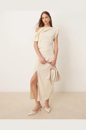 ASOS Fallen shoulder strap detail drape midi dress in buttermilk