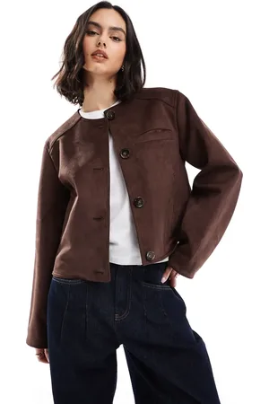 ASOS Collarless faux suede jacket in chocolate
