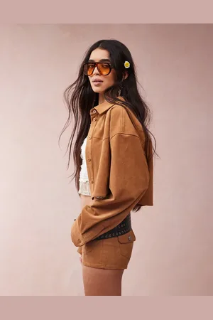 Monki Co-ord faux suede cropped shirt with western detail in tan