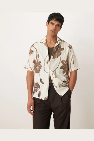MANGO Cotton floral print short sleeve shirt in and brown
