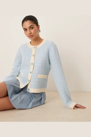 Y.A.S Boucle check knitted cardigan in cream and sky blue