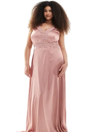 TFNC Bridesmaid satin maxi dress with scalloped lace detail in dusky