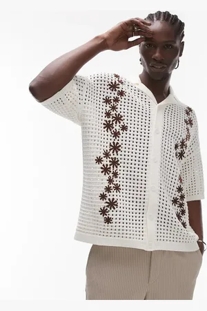 Topman Revere embroidered floral crochet shirt in ecru