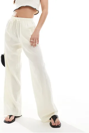 Bershka Tie waist wide leg linen trousers in butter
