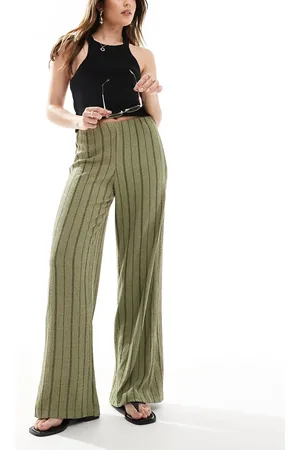 Bershka Crinkle wide leg trousers in khaki stripe