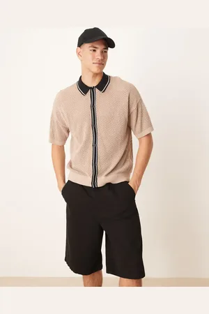 ASOS Relaxed boxy fit airtex knitted button through polo with contrast collar in stone
