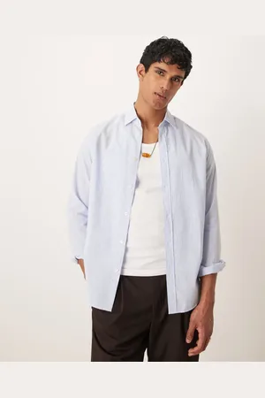MANGO Seersucker stripe long sleeve shirt in blue and