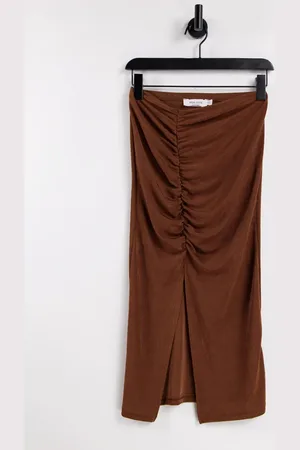 Aria Cove Ruched detail midi skirt co ord in chocolate