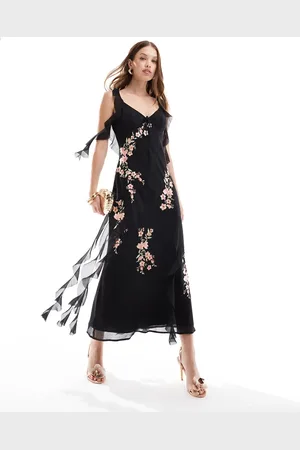ASOS Ruffle embroidered midaxi dress with bow back in black