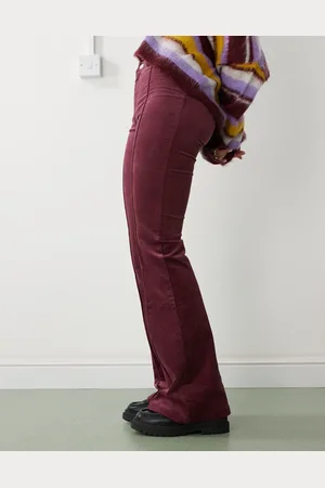 Monki Cord flare leg trouser with front pintuck seam in burgundy