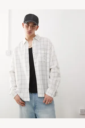 Weekday Linen blend oversized long sleeve shirt in off- check