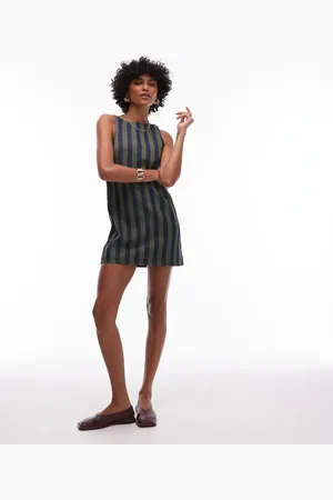 Topshop Denim mini shift dress in khaki stripe