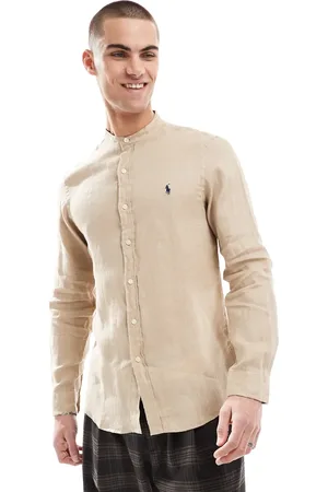 Ralph Lauren Icon logo slim fit grandad collar linen shirt in beige