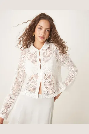 VILA Crochet polo neck button front top in cream