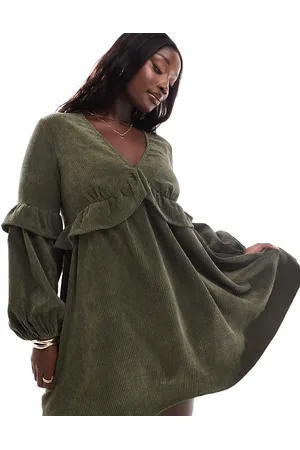 ASOS ASOS DESIGN curve cord smock mini dress with frill detail in deep olive