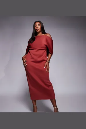 ASOS ASOS DESIGN Curve scuba deep bardot midi dress with cape back detail in chocolate