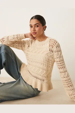 Y.A.S Open crochet knit jumper with frill hem detail in cream