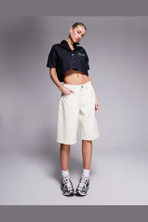 Liquor N Poker Ecru denim pinstripe jorts in cream