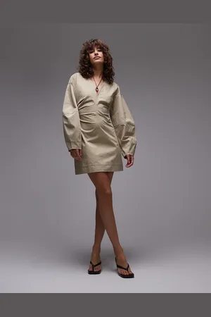 Topshop Twill cinch barrel sleeve mini dress in khaki