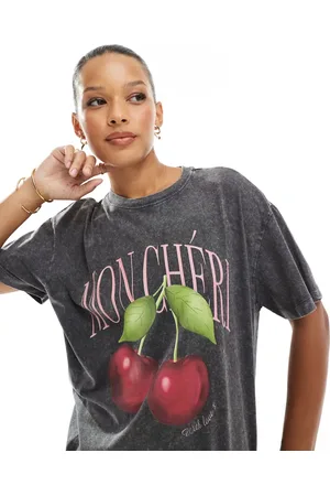 New Look Cherry print oversized acid wash t-shirt in