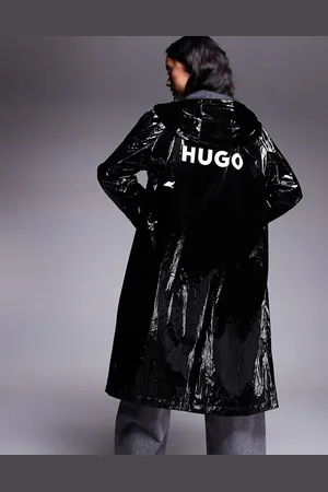 Hugo Blue Fenton high shine longline jacket with backprint logo in