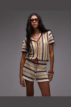 Topshop Knitted co-ord open stitch stripe shirt in red, mustard and cream