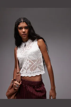Topshop Knitted scallop edge stitchy tank top in ivory
