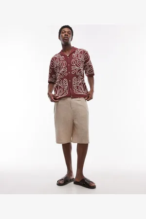 Topman Relaxed heavy embroidered floral shirt in burgundy and ecru