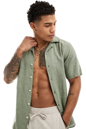 Only & Sons Linen mix revere collar shirt in sage