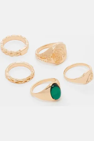 ASOS 5 pack signet rings with green stone in tone