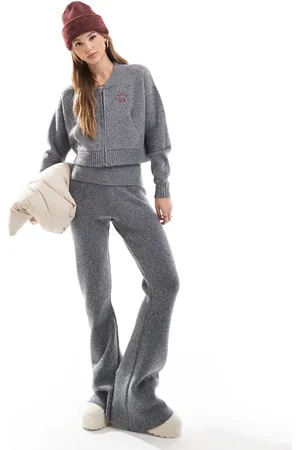 The Frolic Exclusive knitted flared foldover waistband trousers co-ord in charcoal