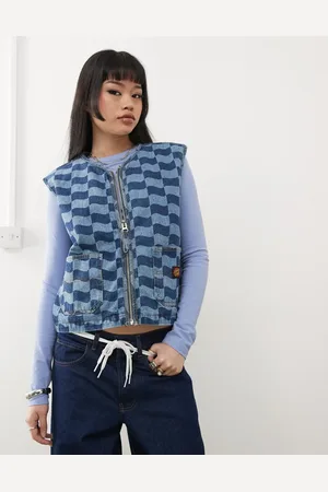 Santa Cruz Logo zip through denim gilet in tonal checkerboard