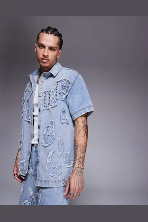 Liquor N Poker Distressed applique denim shirt in light