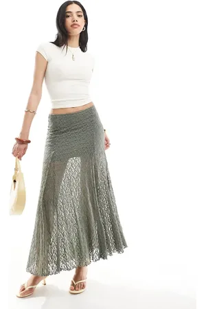 Bershka Lace midaxi skirt in khaki