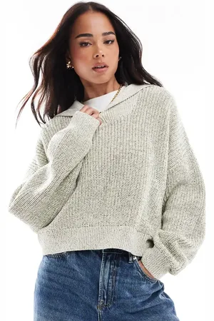ASOS Fly collar jumper in neppy yarn in khaki