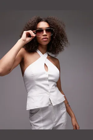Emory Park Wrap neck linen halter top co-ord in