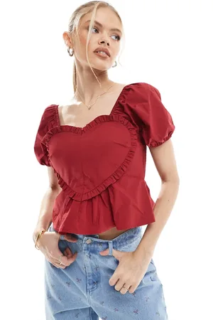 The Frolic Exclusive puff sleeve ruffle heart detail peplum crop top co-ord in