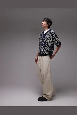 Topman Relaxed heavy embroidered floral shirt in & cream