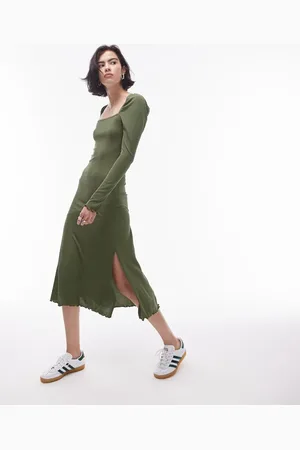 Topshop Square neck jersey midi dress in olive