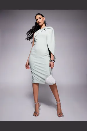 Lavish Alice One shoulder embellished bow cape midi dress in sage