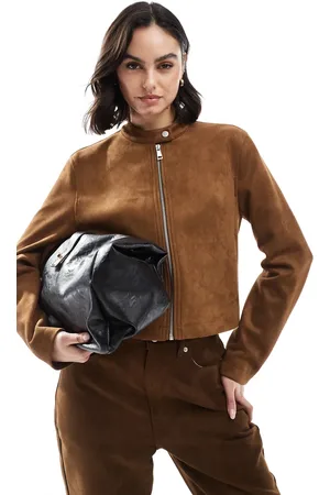 Stradivarius Faux suede zip crop jacket in