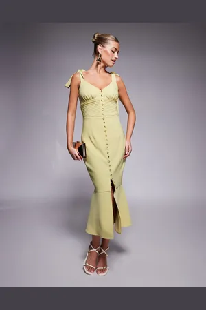 Lavish Alice Tie strap micro shell button midi dress in lime