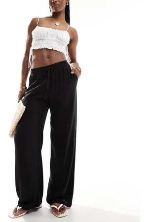 VILA Linen touch tie waist wide leg trousers in