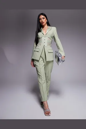 Lavish Alice Mid rise satin mix tailored trousers co-ord in sage