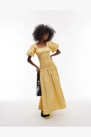 Topshop Puff sleeve square neck shirred maxi dress in buttermilk