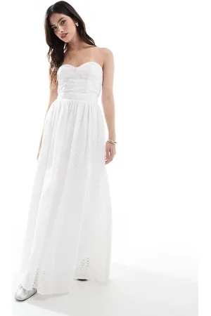 The Frolic Exclusive broderie sweetheart bandeau tie back bow detail maxi dress in