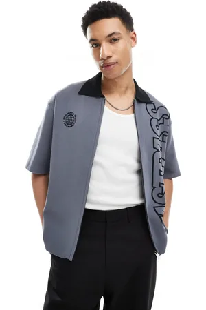 Bershka Zip through knitted shirt with print in