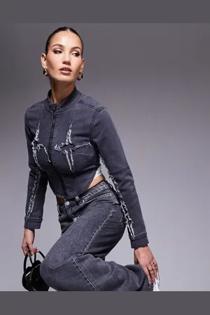 Liquor N Poker Zip detail rip & repair stitch jacket in wash